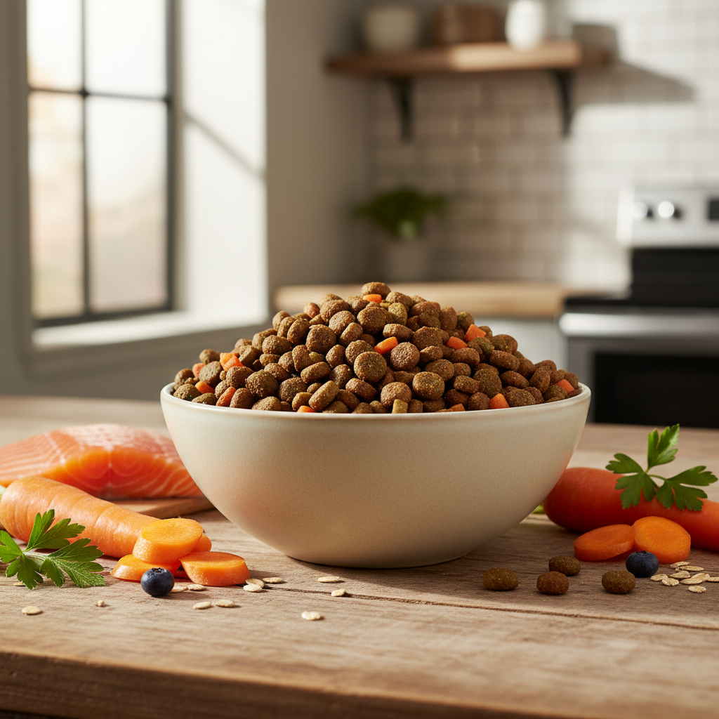 A close-up shot of premium organic dog kibble in a minimalist ceramic bowl, surrounded by fresh ingredients like salmon and carrots on a light wooden table, natural sunlight, professional food photography style.