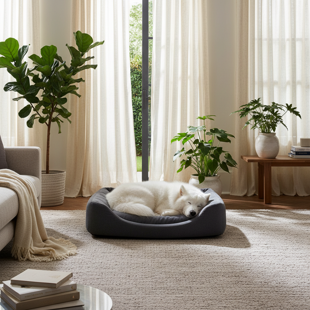 A fluffy white dog sleeping peacefully in a modern, gray memory foam bed, positioned in a bright living room with soft linen curtains and indoor plants in the background, cozy lifestyle atmosphere.