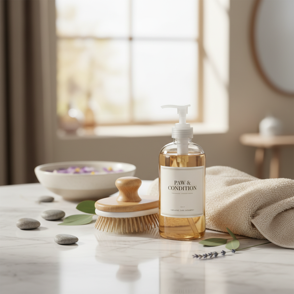 An aesthetic arrangement of dog grooming supplies including a bamboo brush, organic shampoo in a glass pump bottle, and a soft microfiber towel on a white marble countertop, high-end spa vibe.