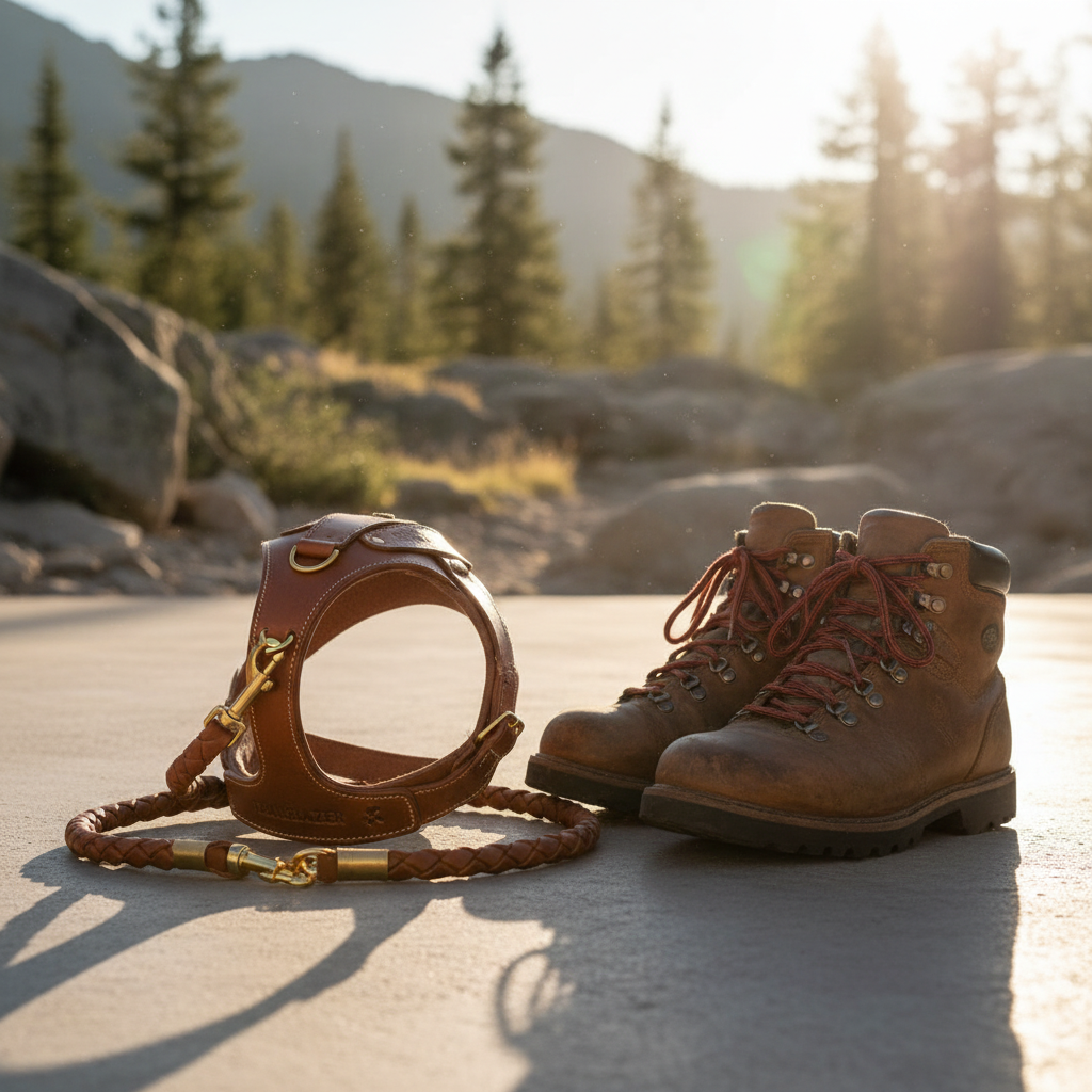 A stylish leather dog harness and matching leash set laid out on a clean concrete floor next to a pair of hiking boots, soft morning golden hour lighting, outdoor adventure theme.