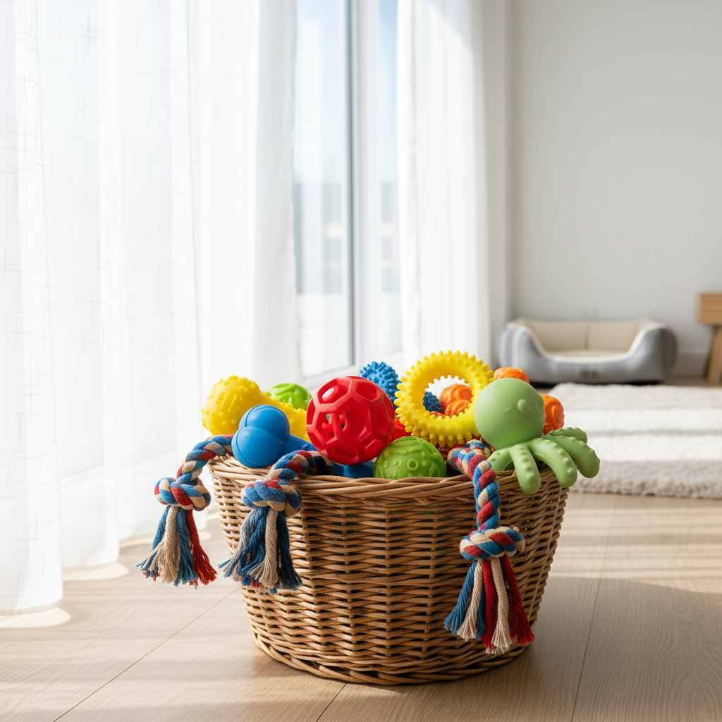A variety of colorful, durable rubber chew toys and cotton rope toys organized in a stylish wicker basket, bright and airy interior, high-resolution product catalog style.