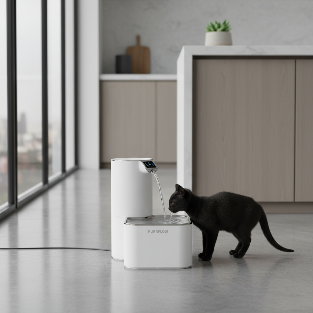 A sleek, white automatic water fountain for pets with a gentle water flow, placed on a modern kitchen floor, minimalist design, focused on clean lines and technology.