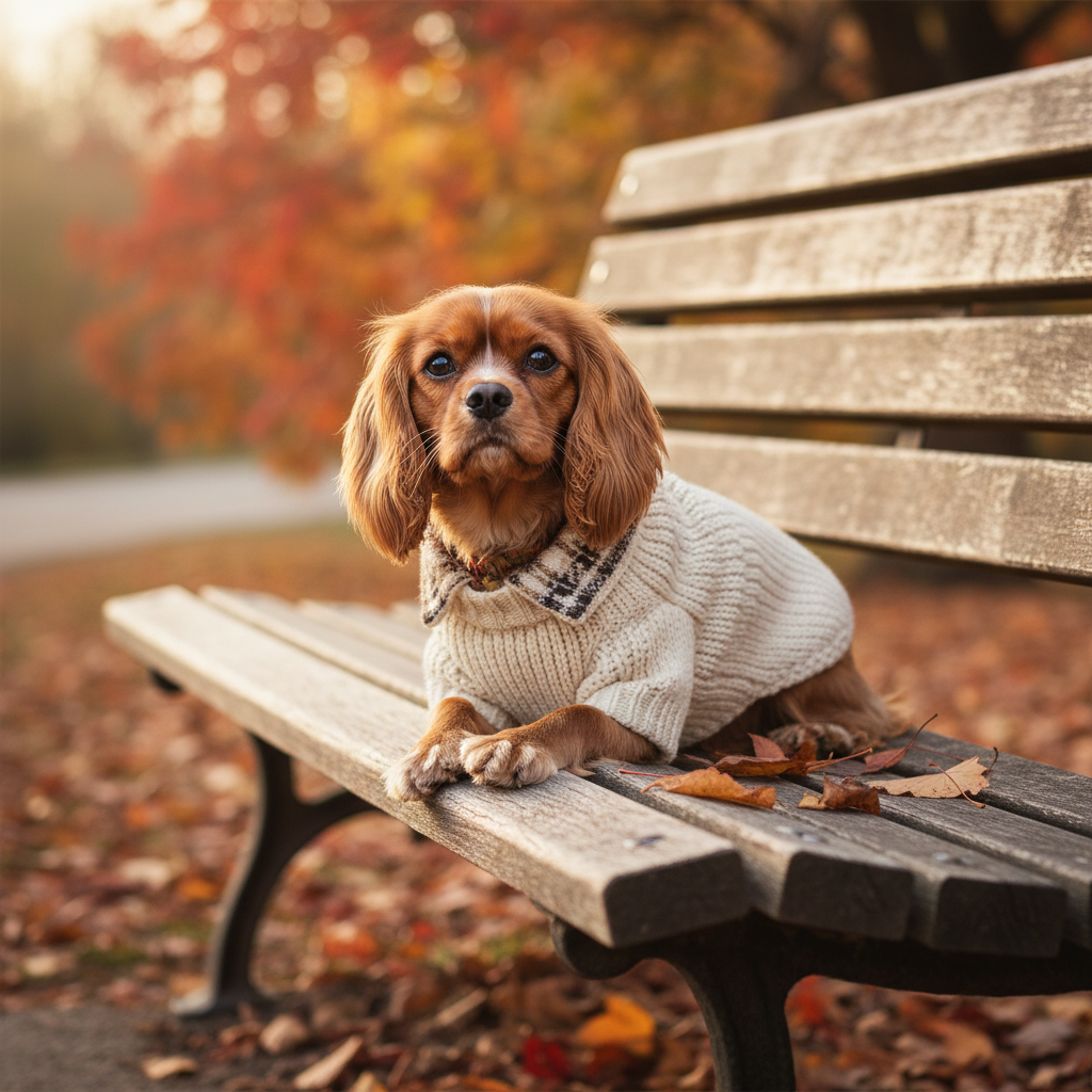 A cute small dog wearing a trendy knit sweater, sitting on a park bench during autumn with blurred colorful leaves in the background, professional portrait photography with shallow depth of field.